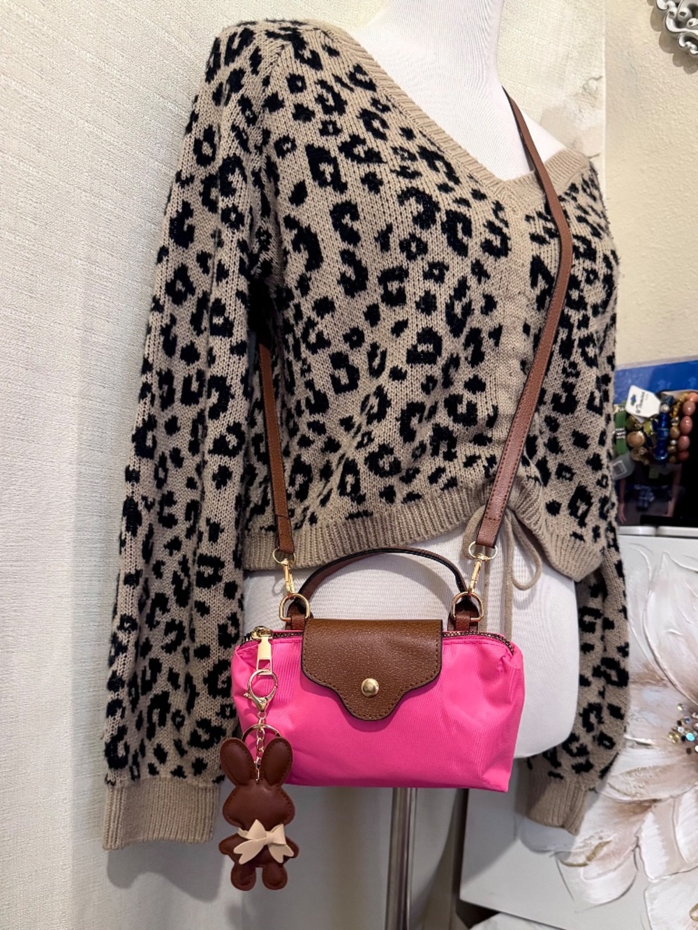 Stella Pink Nylon Mini Crossbody Bag w/ Brown faux Leather Trim & Bunny Charm - Picture 4 of 5